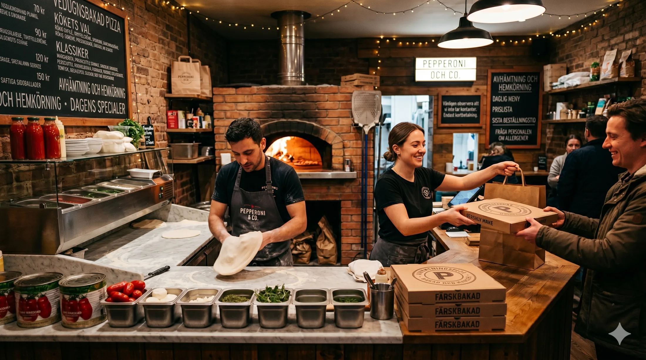 Pizzeria Swixy — bakom disken med vedugnen i bakgrunden